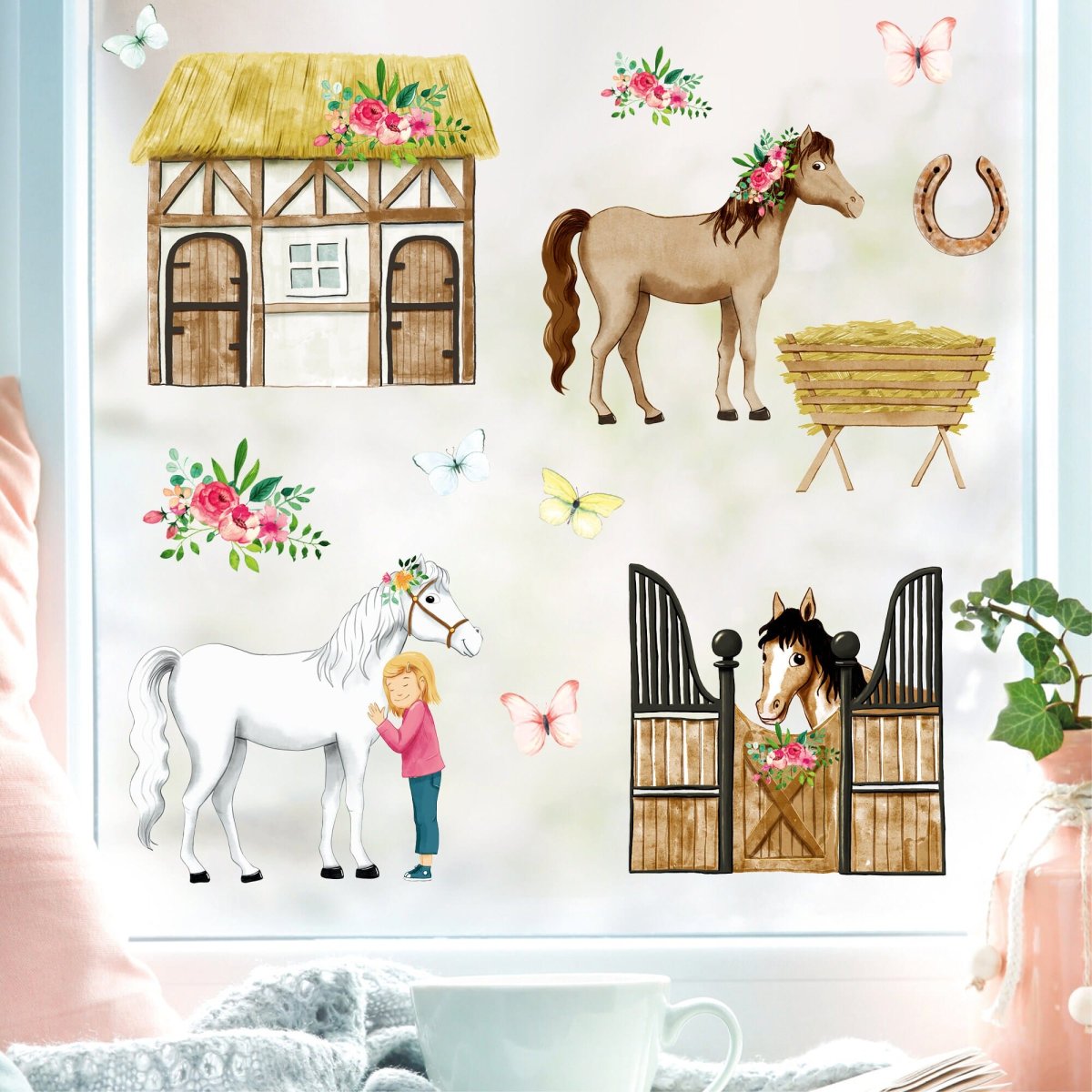 Fensterbild Pferde Frühling Sommer Pferdehof Blumen wiederverwendbare Fensteraufkleber Kinderzimmer Mädchen Kind – Bild 5