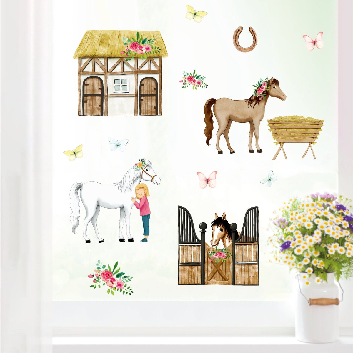 Fensterbild Pferde Frühling Sommer Pferdehof Blumen wiederverwendbare Fensteraufkleber Kinderzimmer Mädchen Kind – Bild 4