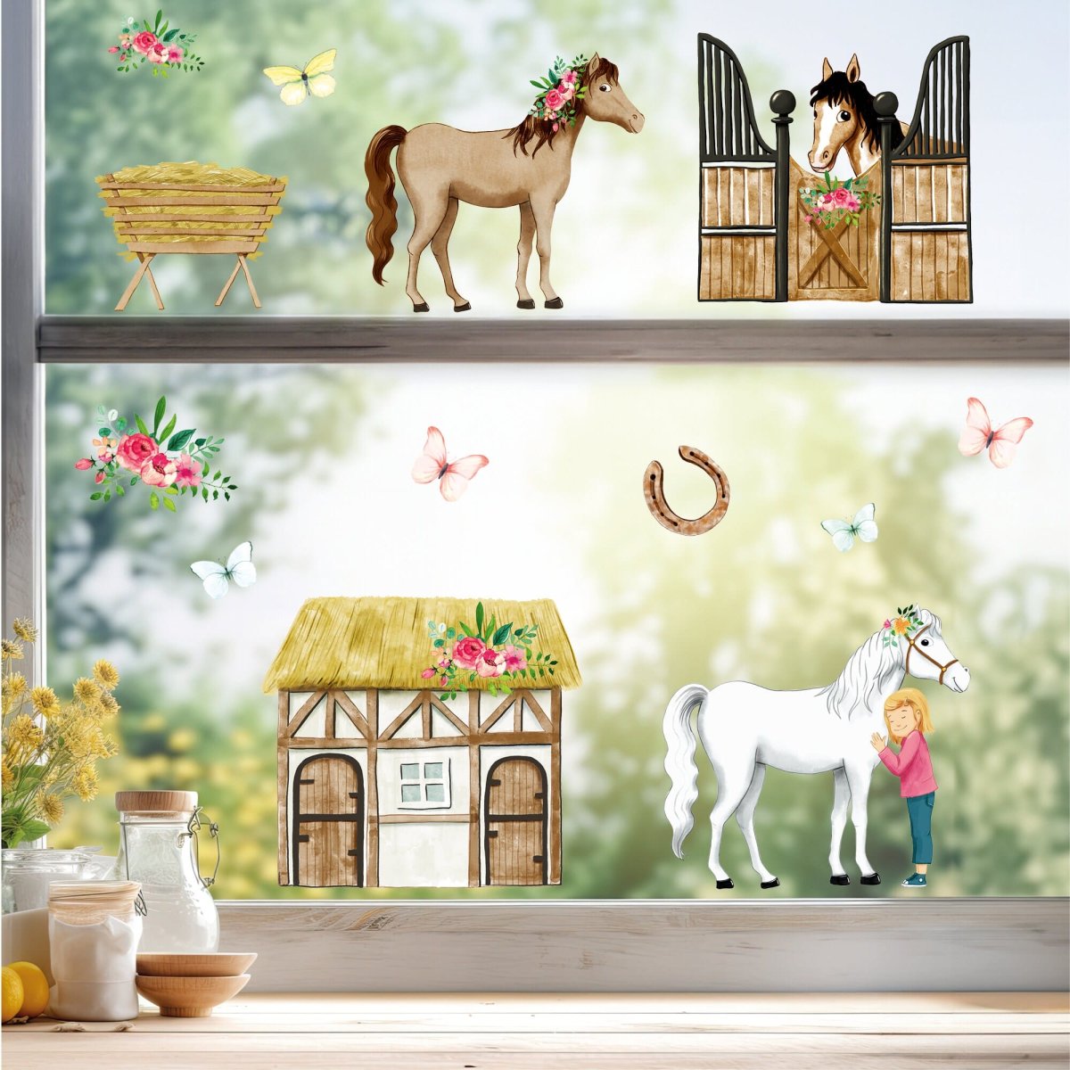 Fensterbild Pferde Frühling Sommer Pferdehof Blumen wiederverwendbare Fensteraufkleber Kinderzimmer Mädchen Kind – Bild 3