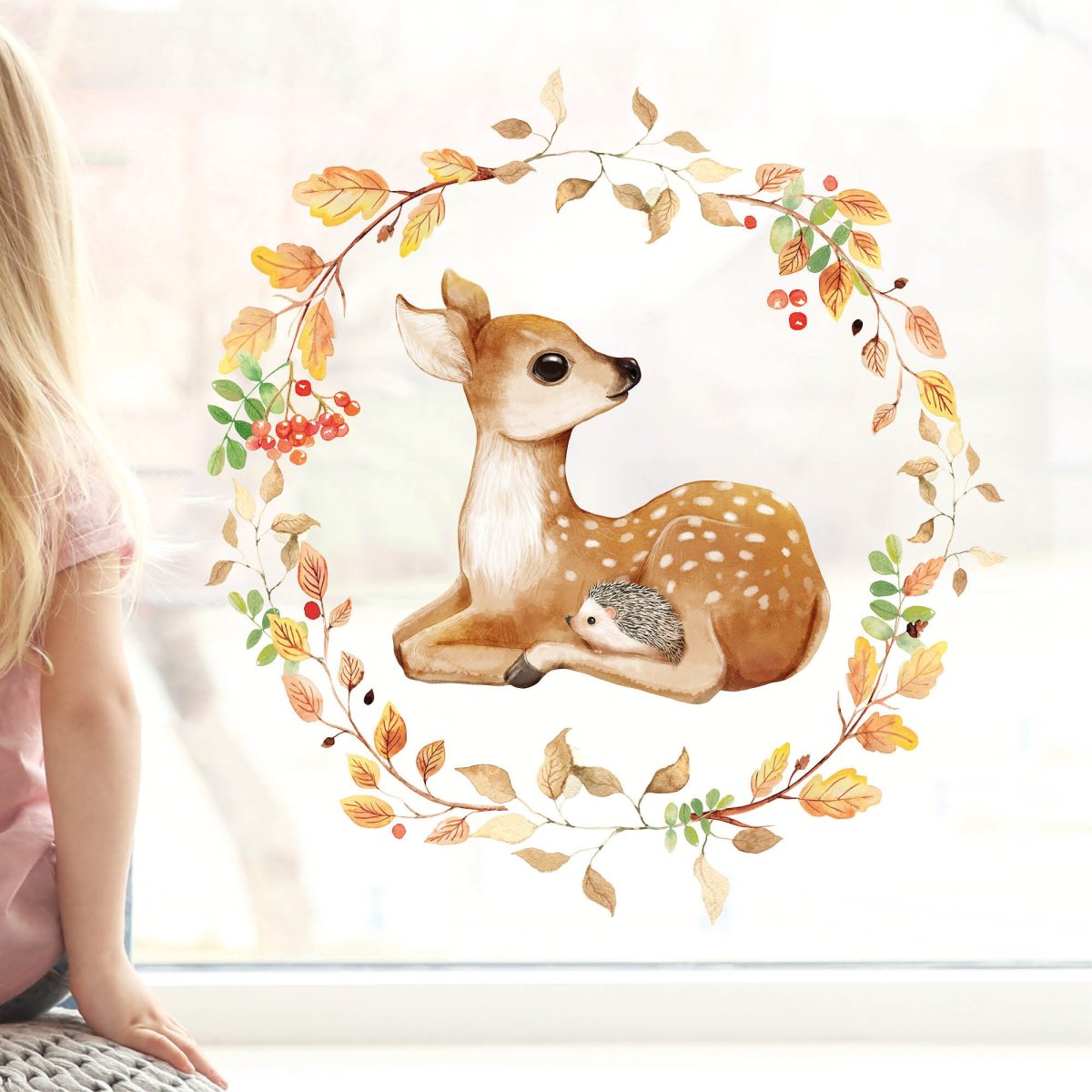 Fensterbild Rehkitz und Igel im Blätterkranz Herbstlicher Fensteraufkleber Fensterdeko wiederverwendbare Fensteraufkleber Kinderzimmer Kind – Bild 2