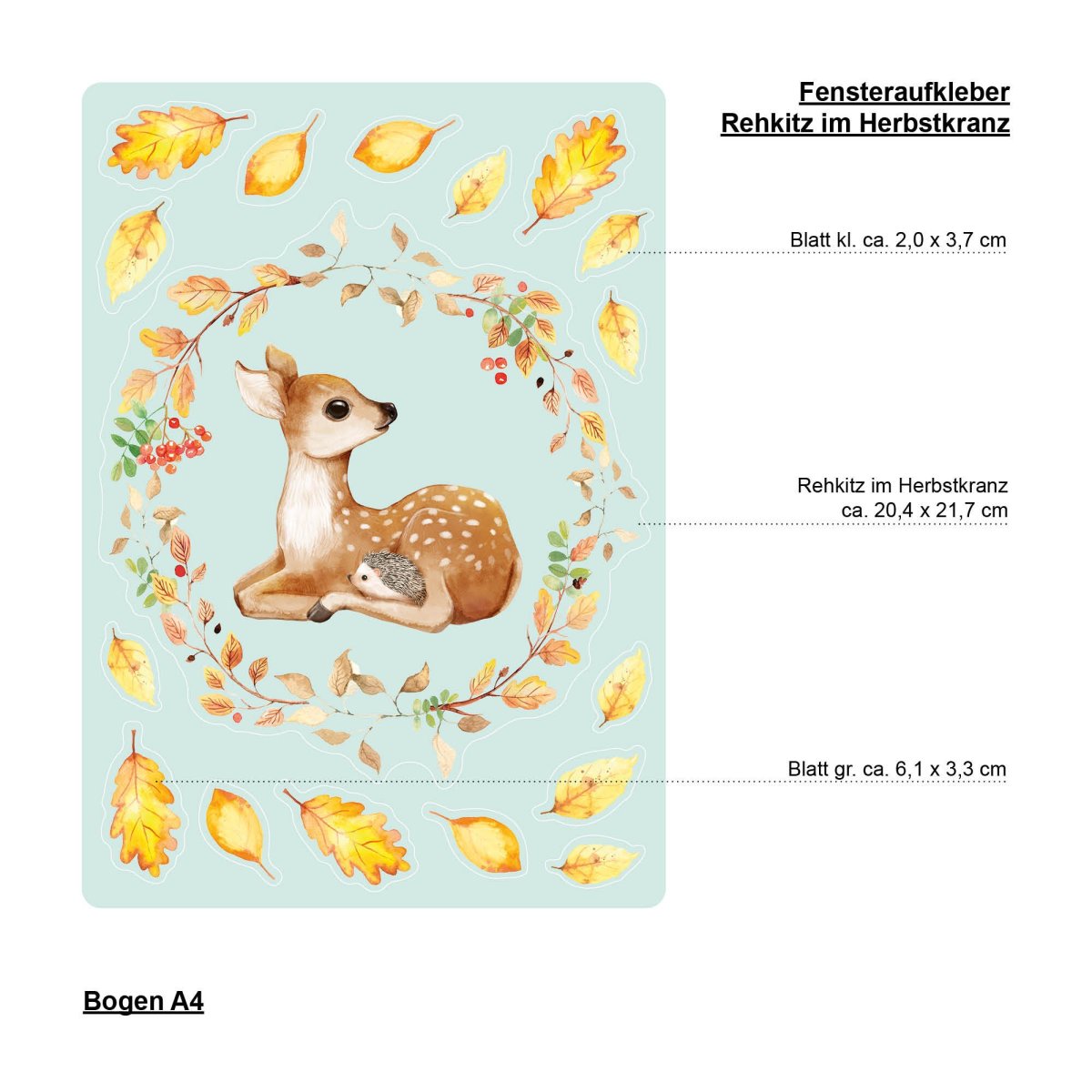 Fensterbild Rehkitz und Igel im Blätterkranz Herbstlicher Fensteraufkleber Fensterdeko wiederverwendbare Fensteraufkleber Kinderzimmer Kind – Bild 7
