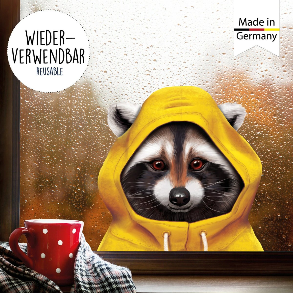 Fensterbild Waschbär mit Regenmantel Kaputze Herbst herbstlicher Fensteraufkleber Fensterdeko Regen – Bild 3