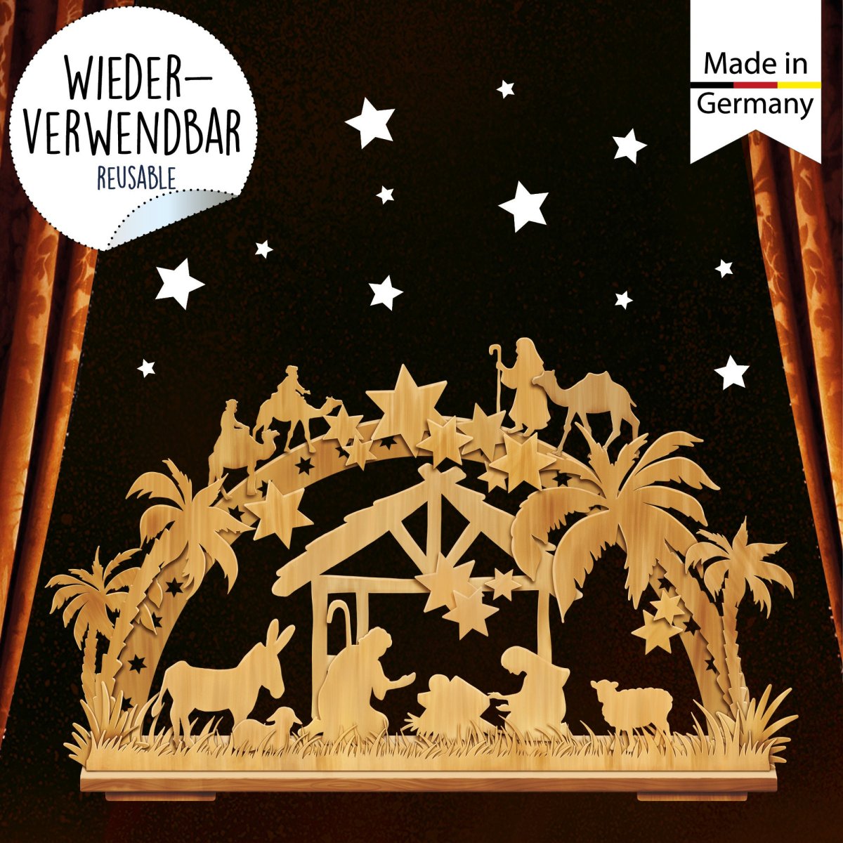 Fensterbild Weihnachten Weihnachtskrippe Krippe in Holzoptik Sterne Fensteraufkleber Schwibbogen – Bild 5