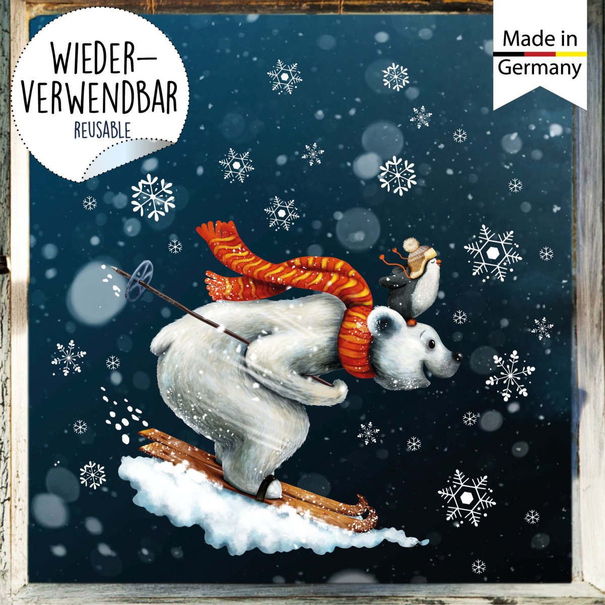 Fensterbild Weihnachten Winter Eisbär Pinguin Ski mit Schneeflocken Adventsdeko Weihnachtsdeko wiederverwendbar – Bild 4