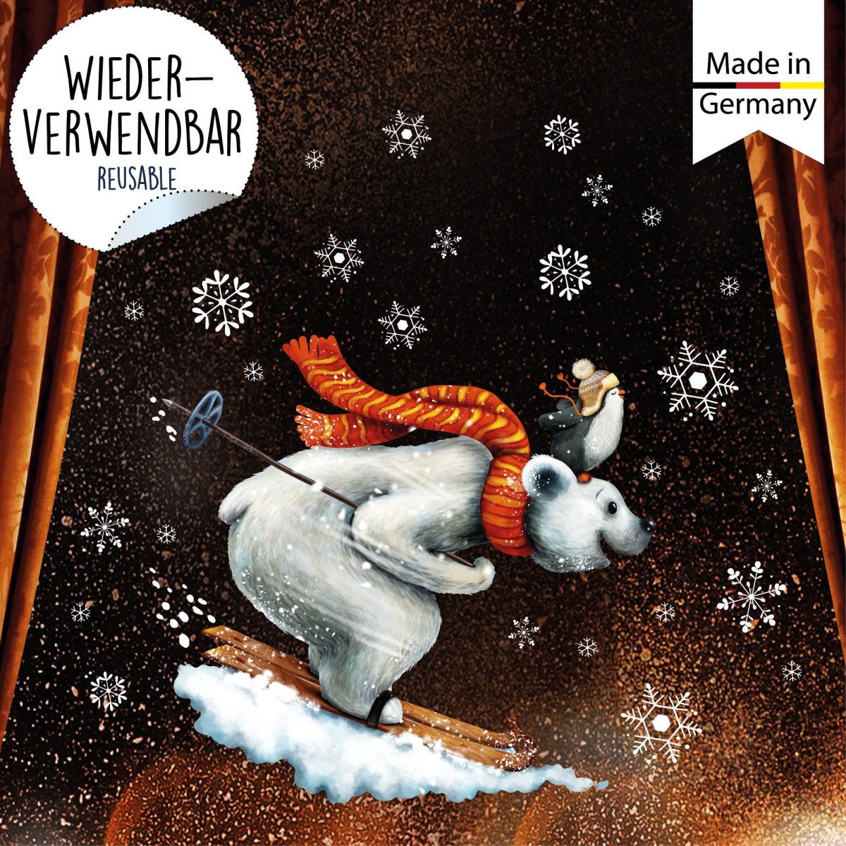 Fensterbild Weihnachten Winter Eisbär Pinguin Ski mit Schneeflocken Adventsdeko Weihnachtsdeko wiederverwendbar – Bild 5