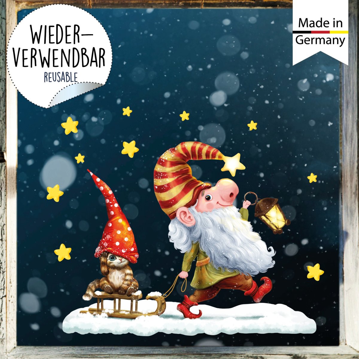 Fensterbild Weihnachten Winter Zwerg mit Katze auf Schlitten und Sternen – Bild 3