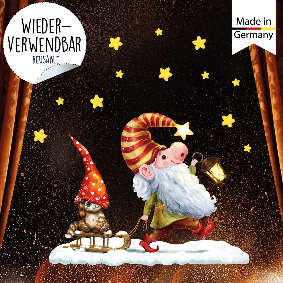 Fensterbild Weihnachten Winter Zwerg mit Katze auf Schlitten und Sternen – Bild 4