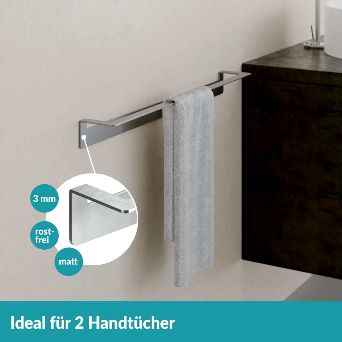 Handtuchstange ohne Bohren - 60 cm - rostfreier Edelstahl - Silber – Bild 4