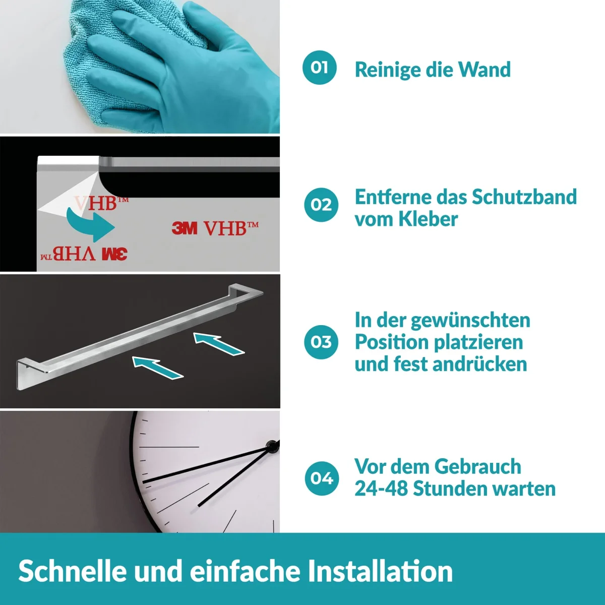 Handtuchstange ohne Bohren - 60 cm - rostfreier Edelstahl - Silber – Bild 5