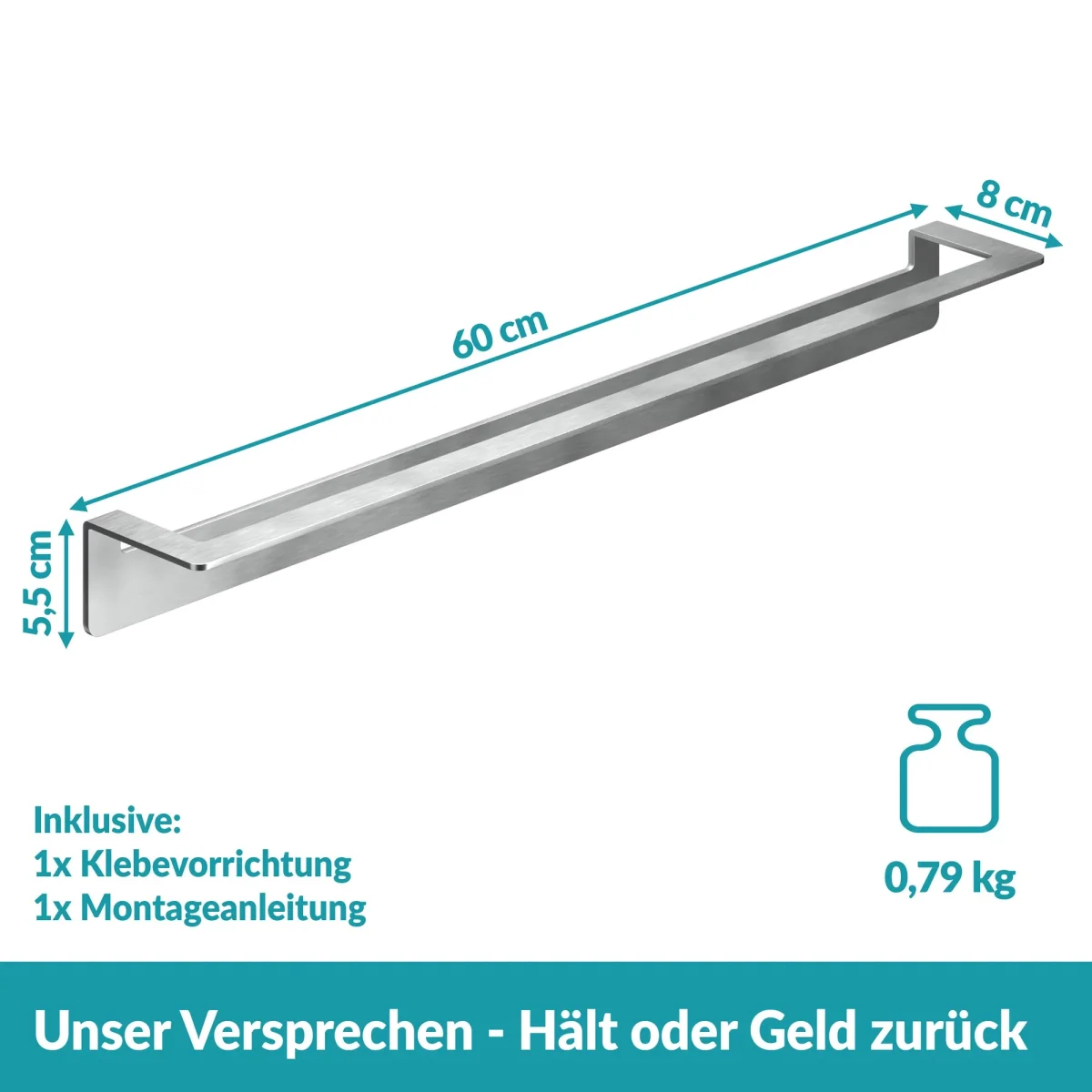 Handtuchstange ohne Bohren - 60 cm - rostfreier Edelstahl - Silber – Bild 9
