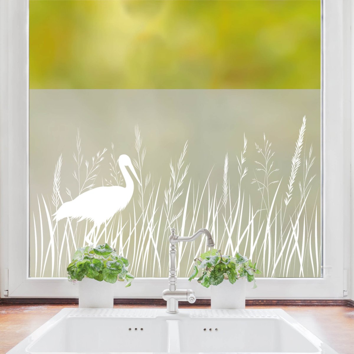 Sichtschutzfolie Storch und Gräser Wildblumen florale Fensterfolie Fensterdeko Milchglasfolie Folie Fenster – Bild 3