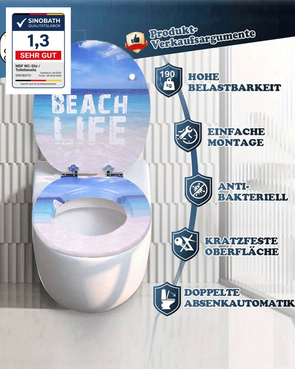 SINOBATH (H344) mit Absenkautomatik, Softclose-Scharnier,MDF-Holzkern, WC-Sitz Toilettensitz (Strandleben) – Bild 2
