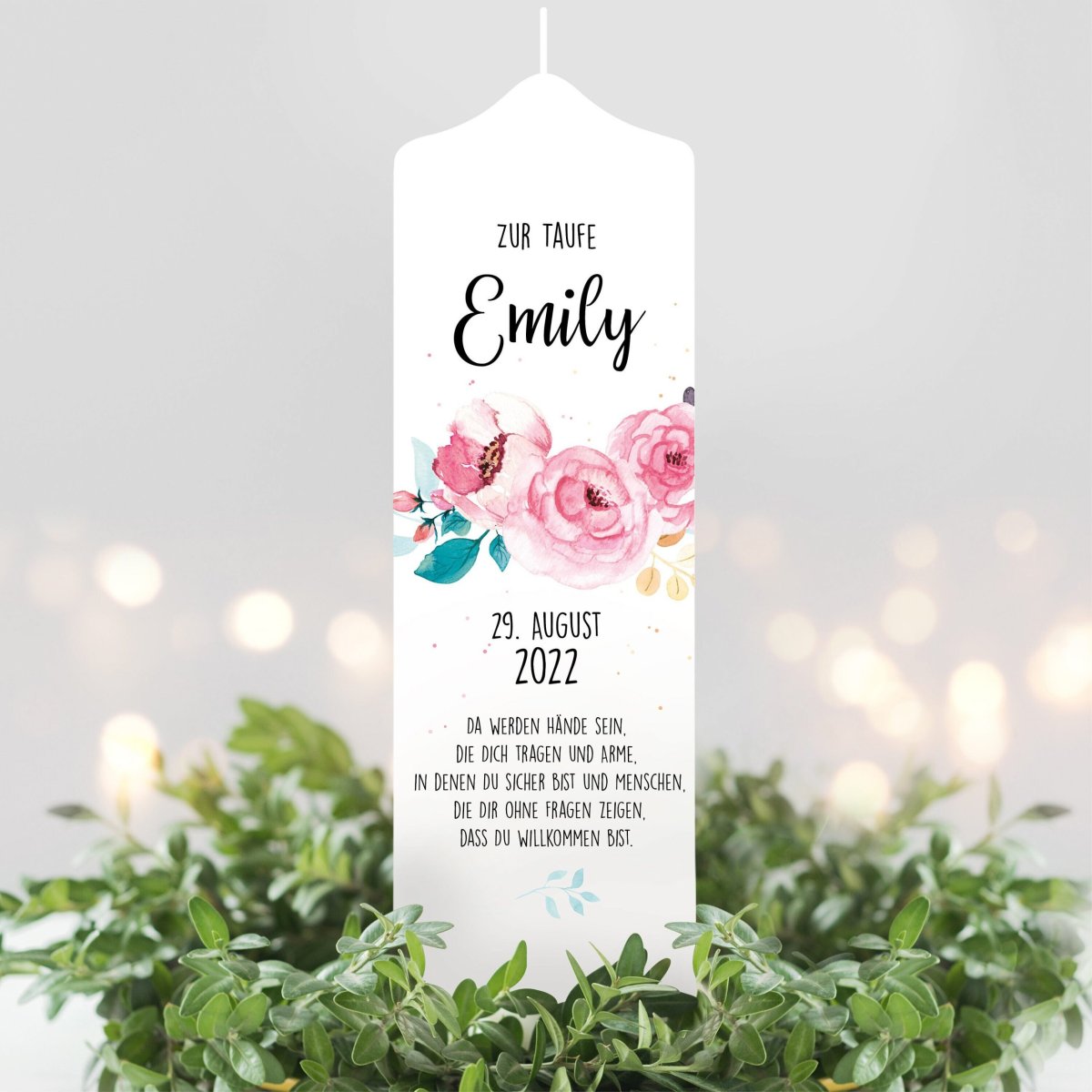 Taufkerze Junge Mädchen Blumen Blüten mit Namen Datum und Taufspruch – Bild 2