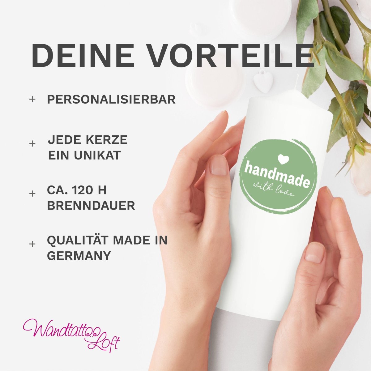 Weiße Hochzeitskerze Geburtstagskerze mit mehreren Eukalyptuszweigen Boho personalisiert Hochzeitsgeschenk Spruch – Bild 8