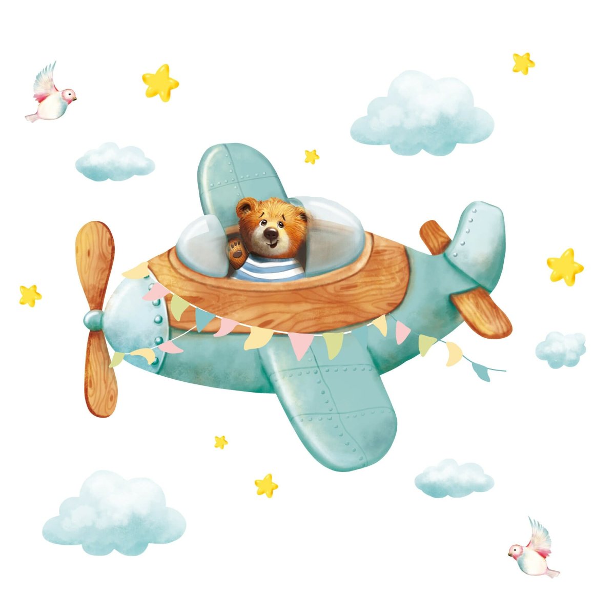 Wandtattoo Kinderzimmer bunt Mädchen Junge Flugzeug Bär Wolken Sterne Dekoration Babyzimmer blau – Bild 6