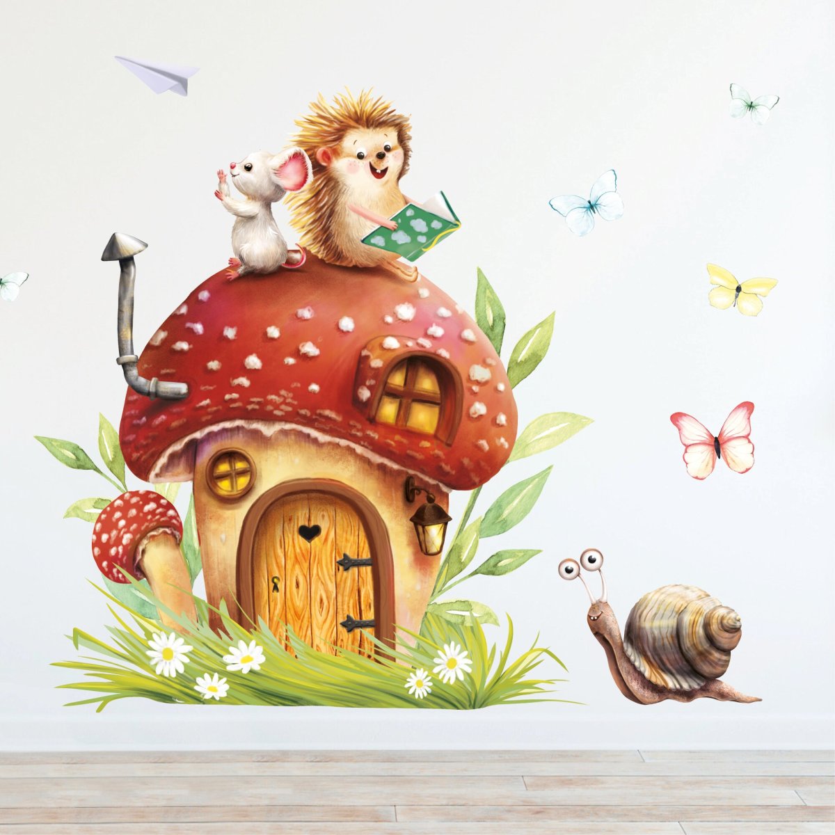Wandtattoo Kinderzimmer Pilzhaus mit Igel Maus und Mausetür Kinderzimmerdeko Babyzimmer – Bild 5
