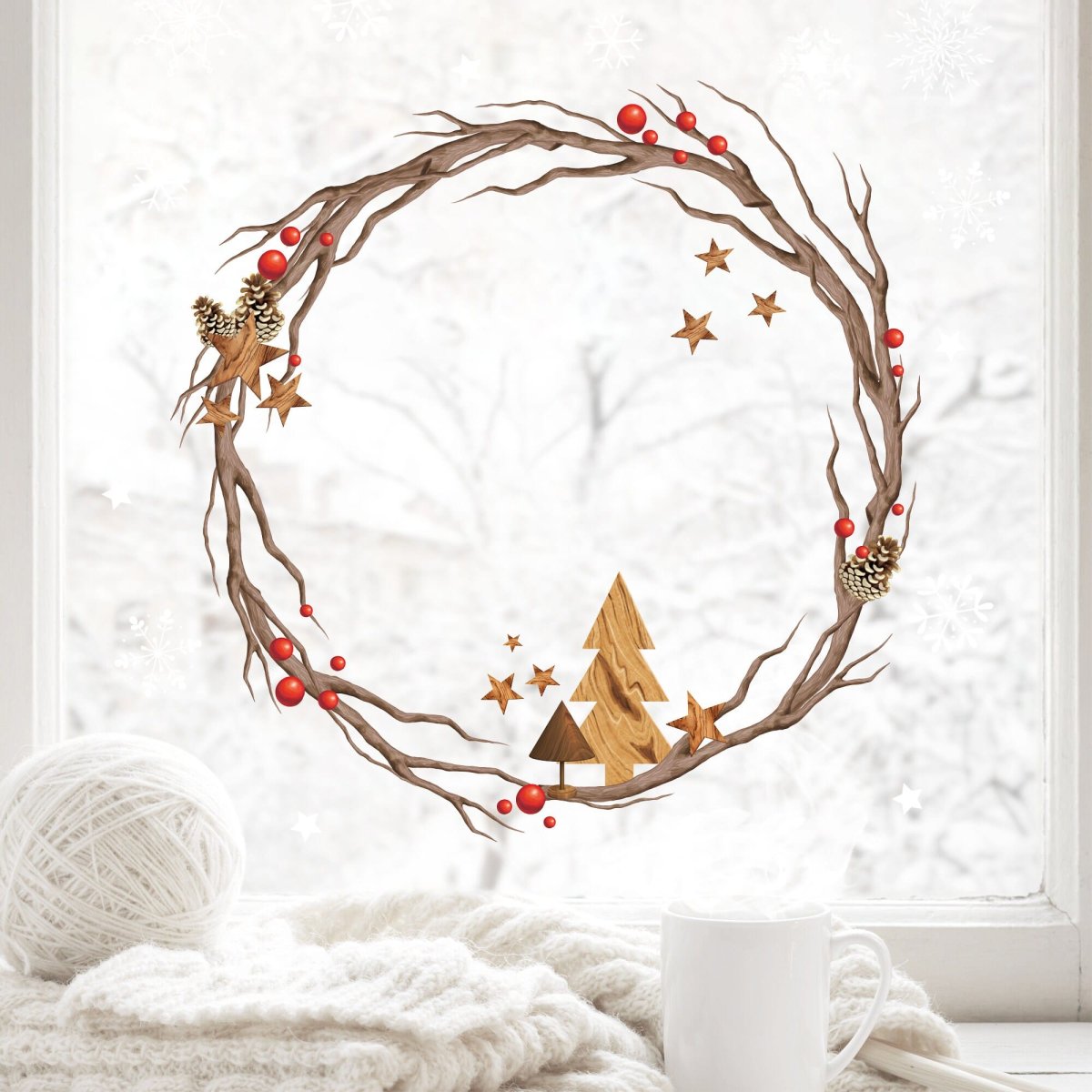 Wiederverwendbares Fensterbild Weihnachten Kranz aus Zweigen Haus Sterne Holzoptik Weihnachtsdeko – Bild 4