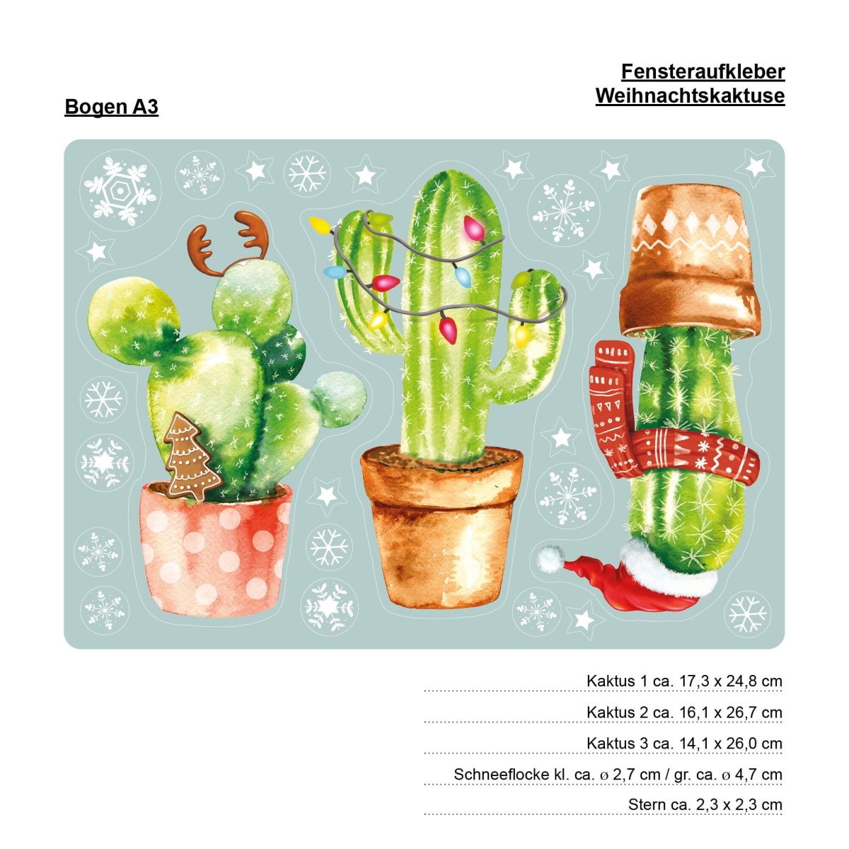 Wiederverwendbares Fensterbild Weihnachten Kaktus Kakteen Aquarell Schneeflocken Fensterdeko Kinderzimmer Kind Fensterfolie Geschenk – Bild 8