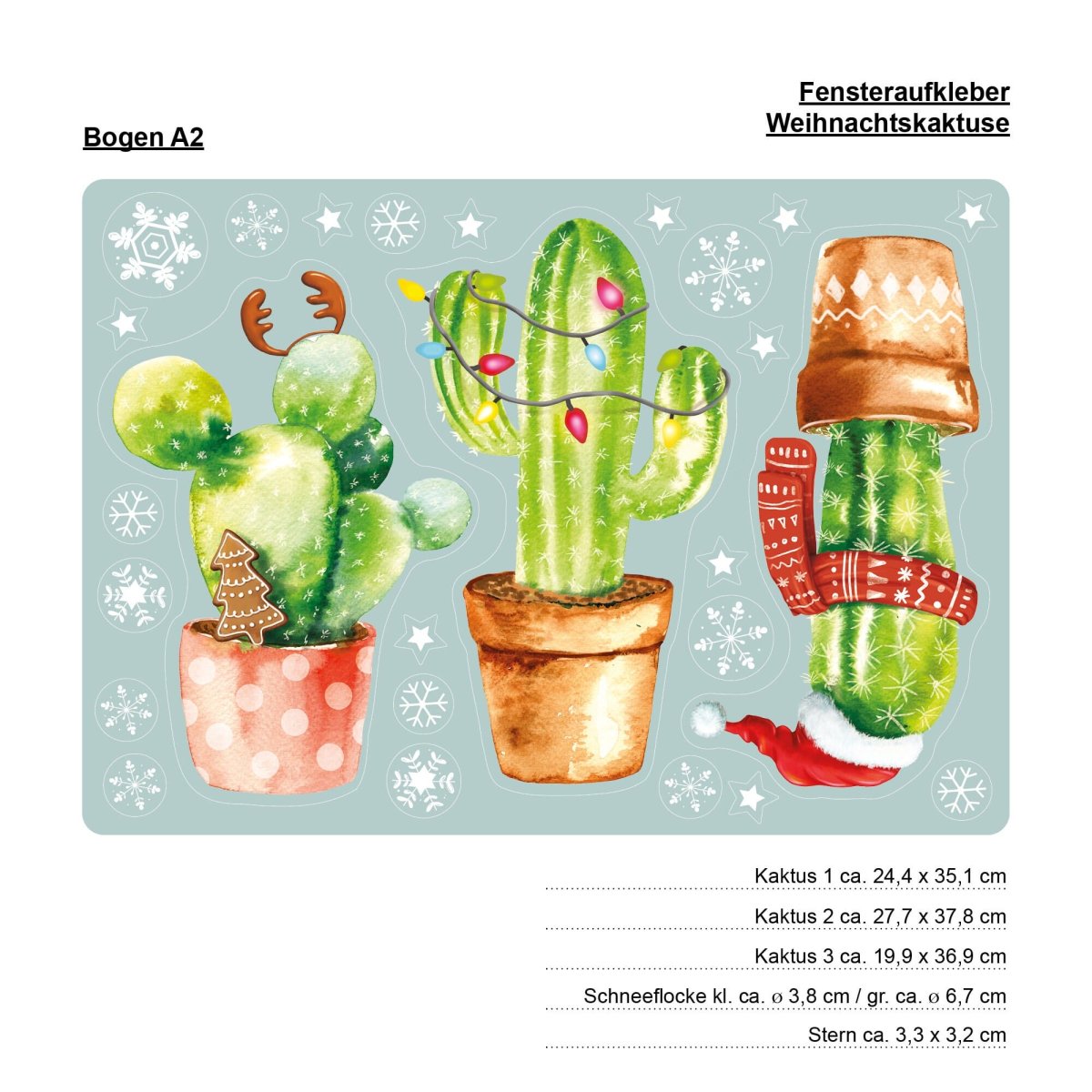 Wiederverwendbares Fensterbild Weihnachten Kaktus Kakteen Aquarell Schneeflocken Fensterdeko Kinderzimmer Kind Fensterfolie Geschenk – Bild 7
