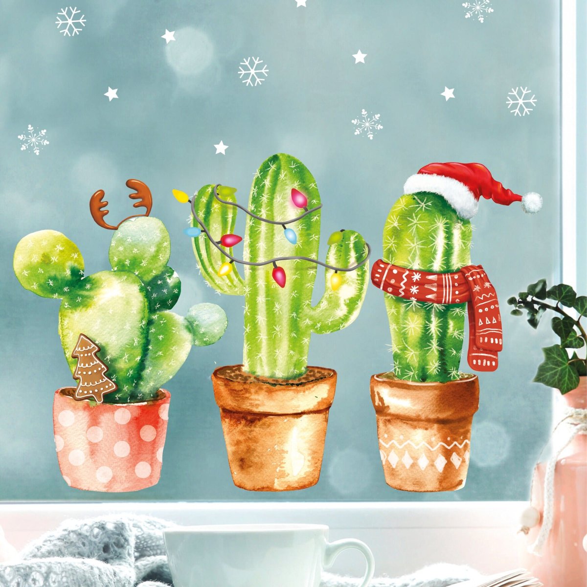 Wiederverwendbares Fensterbild Weihnachten Kaktus Kakteen Aquarell Schneeflocken Fensterdeko Kinderzimmer Kind Fensterfolie Geschenk – Bild 2