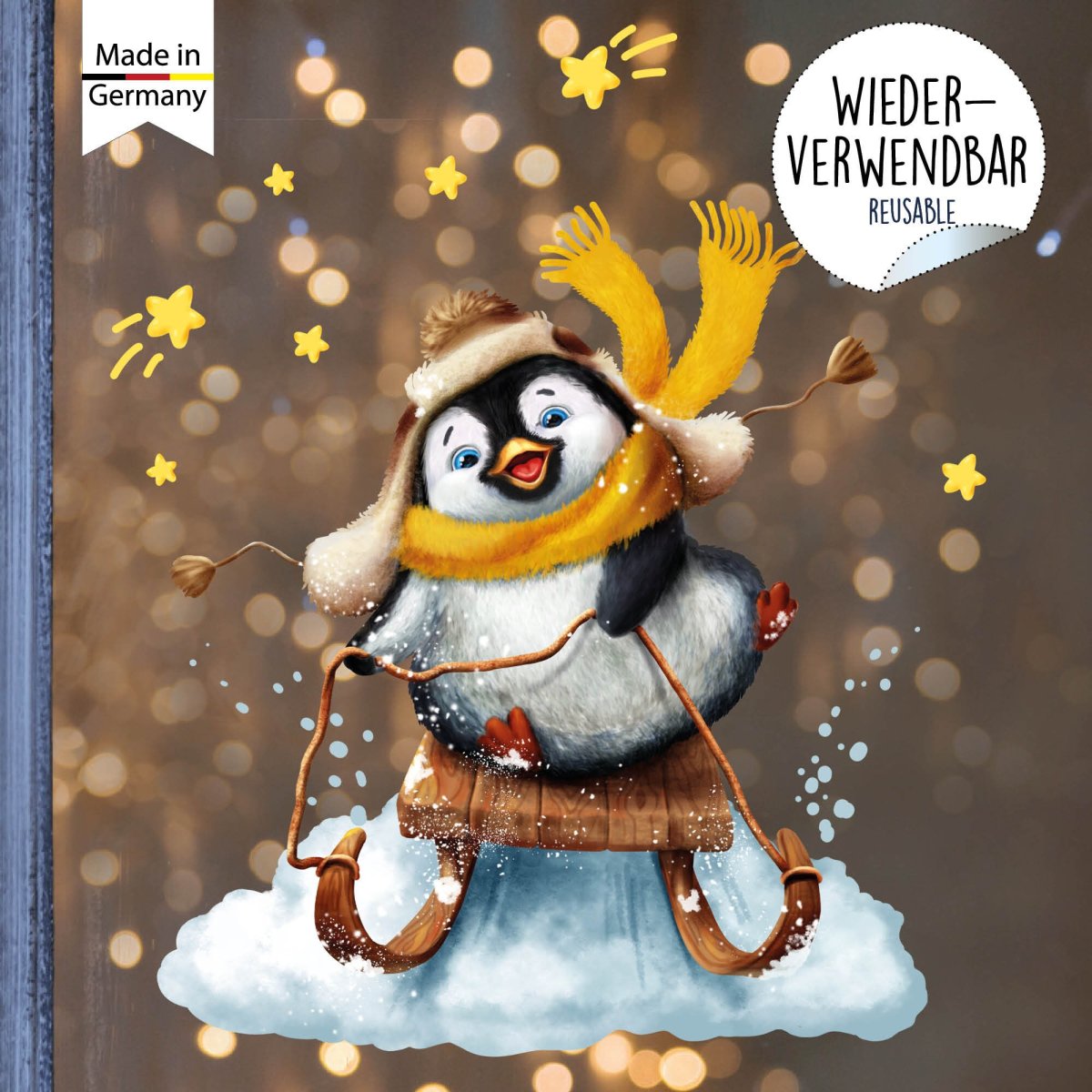 XXL Fensterbild Weihnachten Winter Pinguin Schlitten Sterne Fensterdeko Schaufensteraufkleber – Bild 5